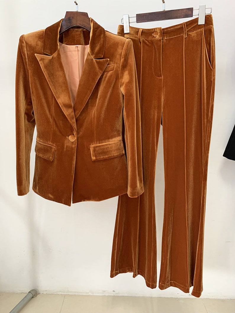 Women Velvet Brown Green Purple Blazer + Mid-High Rise Flare Trousers Pants Suit, Wedding Suit, Graduation, Speech Day, Birthday Party