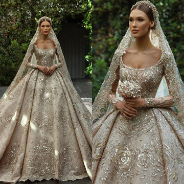 Elegante vestido de novia color marfil bordado con lentejuelas y apliques de encaje - Vestido de novia de longitud catedral con cola larga 