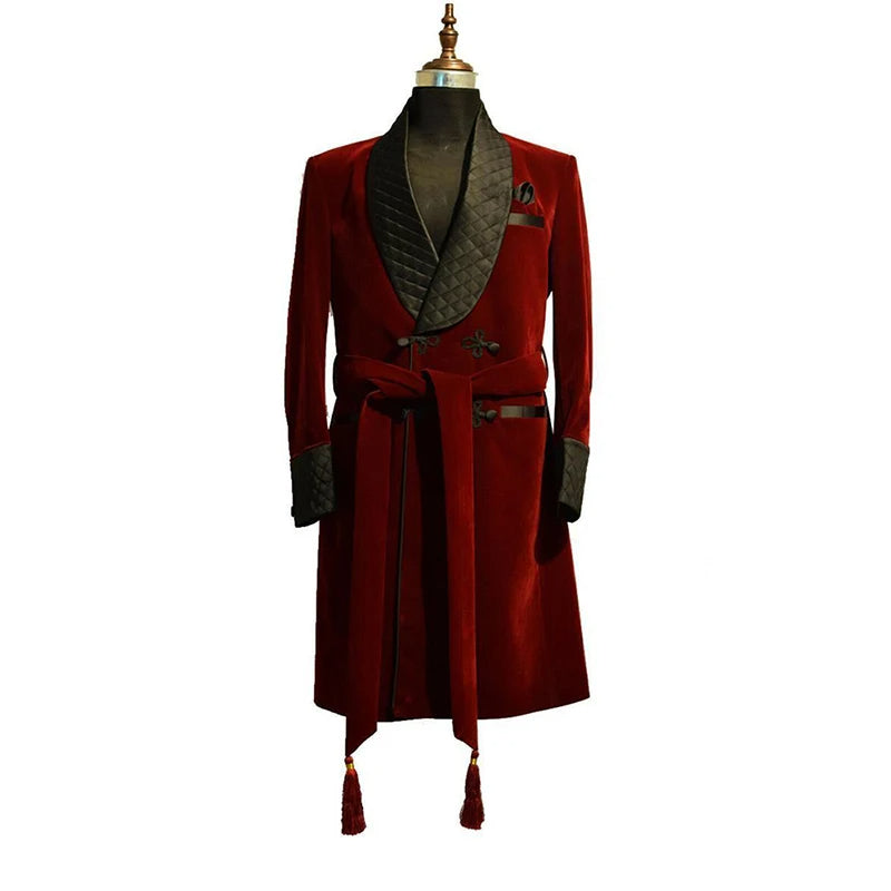 Men's Red Velvet Robe with Black Quilted Collar and Belt