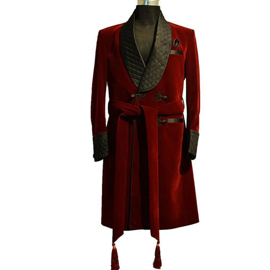 Men's Red Velvet Robe with Black Quilted Collar and Belt