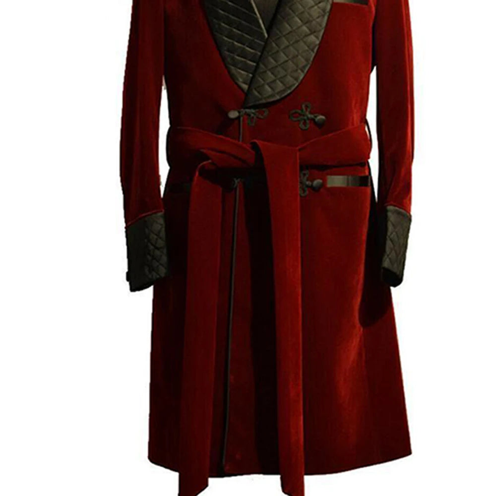 Men's Red Velvet Robe with Black Quilted Collar and Belt