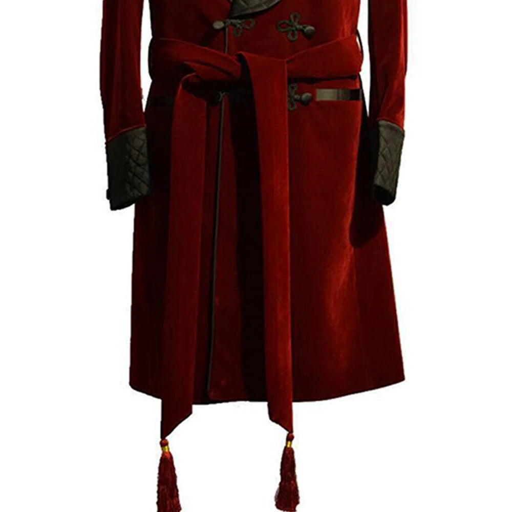 Men's Red Velvet Robe with Black Quilted Collar and Belt