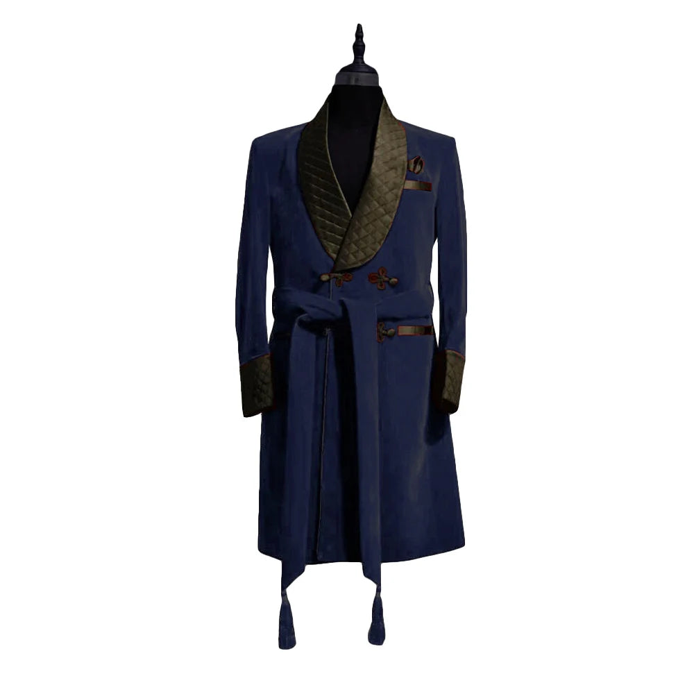 Men's Red Velvet Robe with Black Quilted Collar and Belt