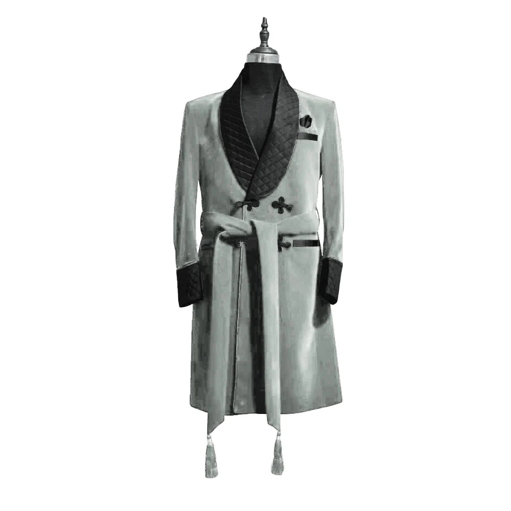 Men's Red Velvet Robe with Black Quilted Collar and Belt