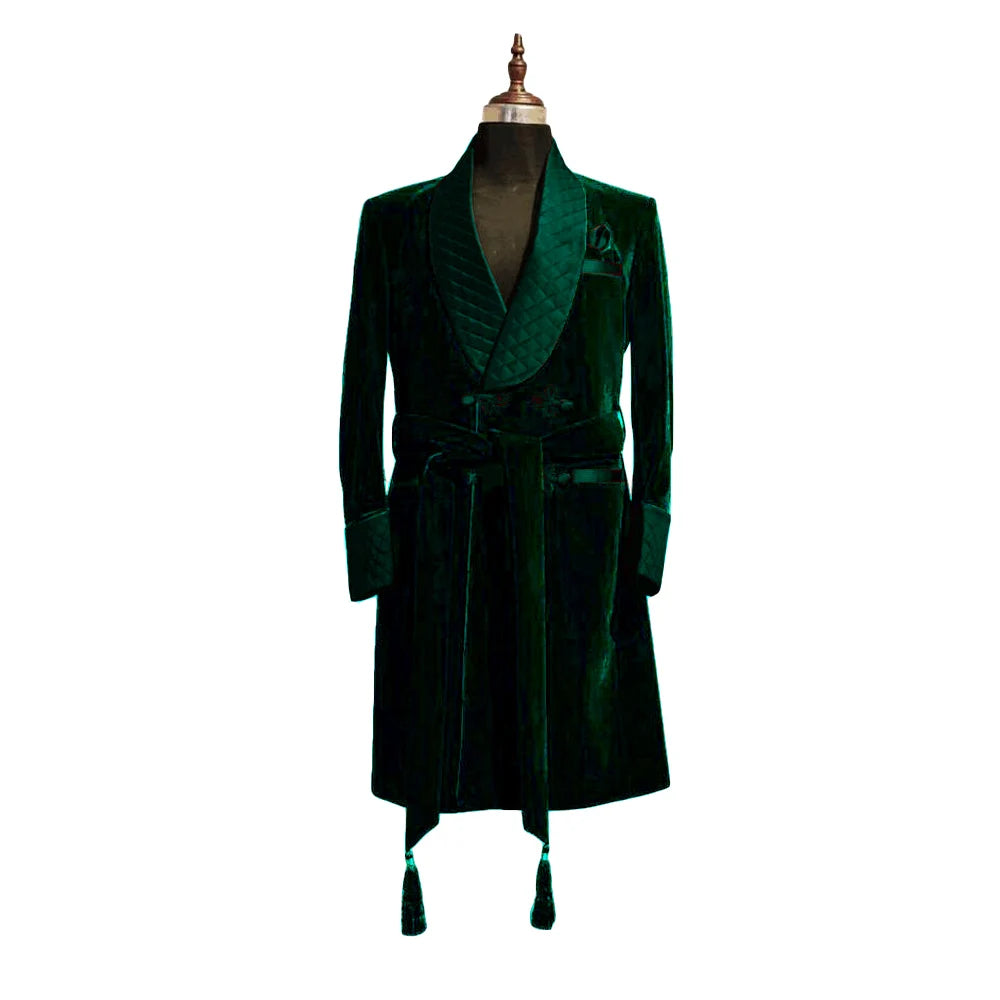 Men's Red Velvet Robe with Black Quilted Collar and Belt
