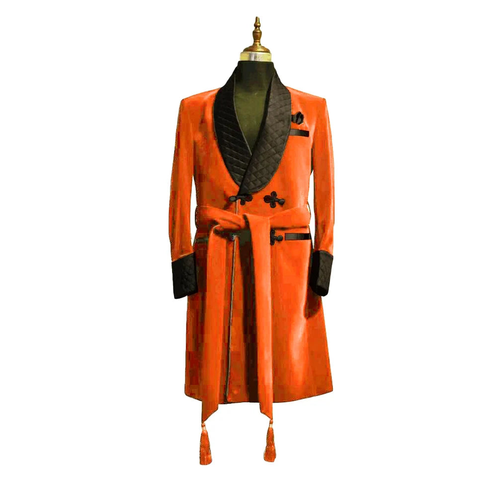 Men's Red Velvet Robe with Black Quilted Collar and Belt
