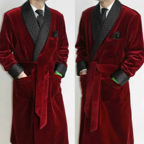 Men's Red Velvet Robe with Black Quilted Collar and Belt