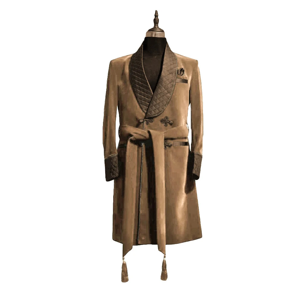 Men's Red Velvet Robe with Black Quilted Collar and Belt