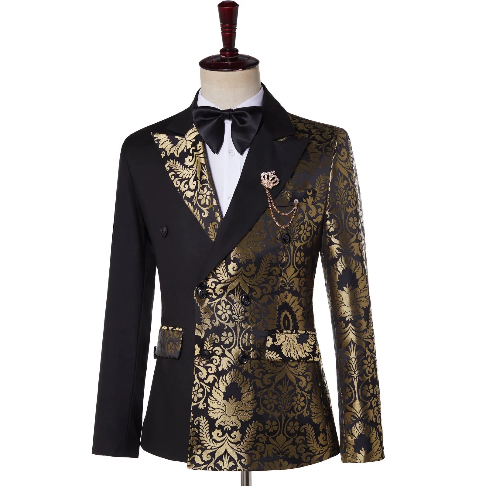 Double Breasted Black Gold Floral Jacquard Slim Fit Mens Suits Wedding Groom Tuxedos Party Jacket Pant Terno Masculino