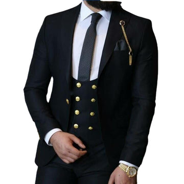 Black Men's Wedding Suits Groom Tuxedo 3 Pieces (Jacket+Pants+Vest) ffice Business Prom Suit men Suit With Gold Buttons
