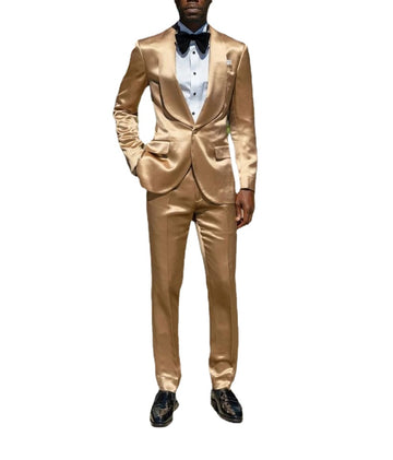 African Gold Satin Men Suits 2 Pieces Shawl Lapel For Wedding Blazers Tuxedos Groom Prom Party Blazer Jacket With Pant