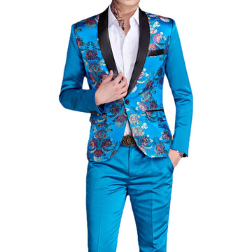Men's Blue Stage Banquet Solid Color Suit Coat Slim 2 Pieces Blazers Jacket Pants Trousers