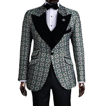 Jacquard African Suits Slim Fit Custom Velvet Peak Lapel Formal Suit Jacket with Vest Pants 3 Piece Wedding Groom Tuxedo