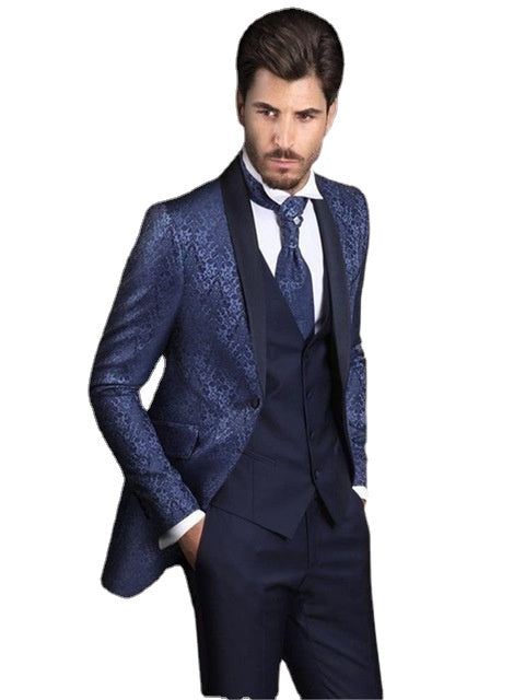 Dark Blue Pattern Jacket With Shawl Lapel Men Wedding Suits 3 Pieces Costume Homme Groom Terno Slim Fit Blazer