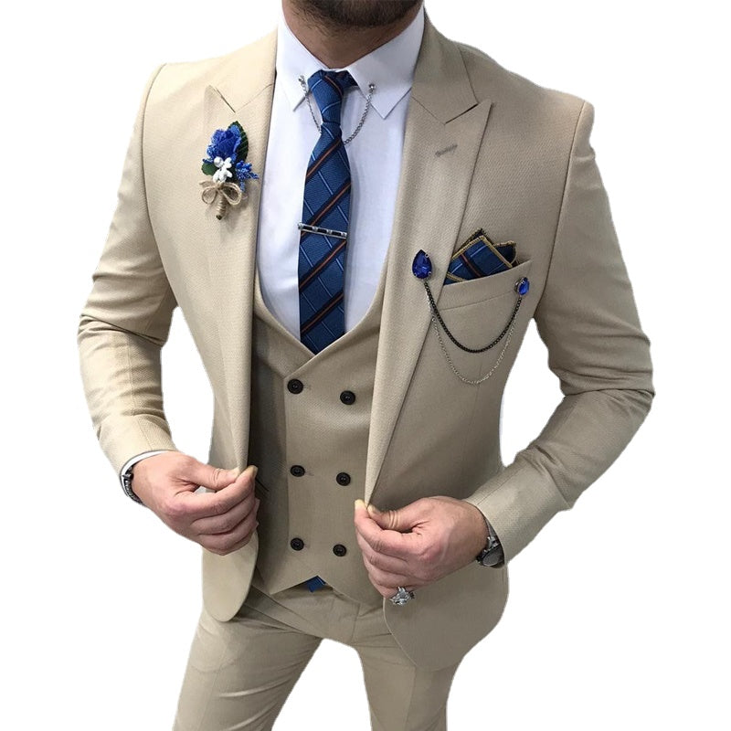 Slim fit Cream Men Suits 3 piece for Wedding Man Clothes Peaked Lapel Groom Tuxedos Set Jacket with Pants Vest