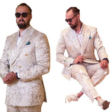 White 2 Pieces Jacquard Men Suit Blazer Pants Double Breasted Business Work Gentlemen Formal Causal Daily Prom Tailored