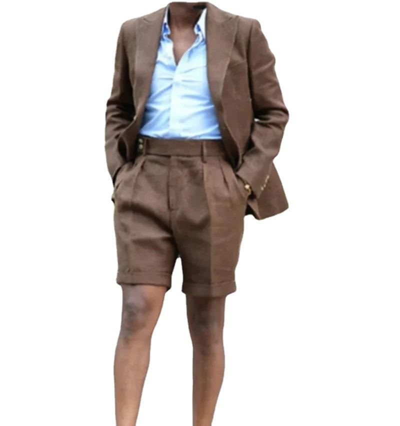 Men's Brown Summer Linen Peaked Lapel 2-Piece Short Suit (Blazer, Short Pants) for Casual Street Wear