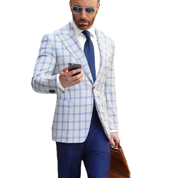 Blue Plaid Men Suits for Wedding Groom Tuxedo 2 Pieces Jacket Navy Blue Pants Formal Business Party Blazer