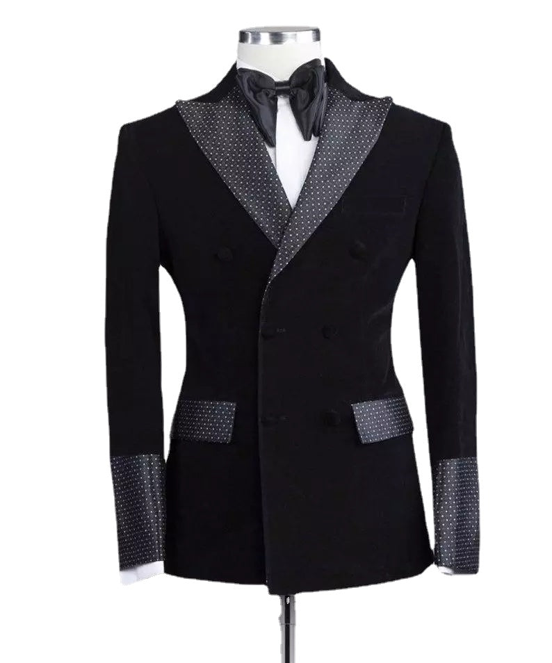 Men's Black Velvet 2-Piece Suit with Dot Pants and Peaked Lapel for Prom & Weddings