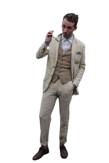 Beige Linen Summer Beach Men Suit Slim Fit Tuxedo Custom Groom Blazer Terno 3 Pieces Jacket+Pant+Vest