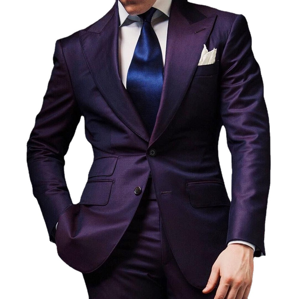 Men Suits Formal Peaked Lapel Slim Fit Suit Purple Tuxedo Groom 2 Piece Set Wedding Suits (Jacket+Pant)