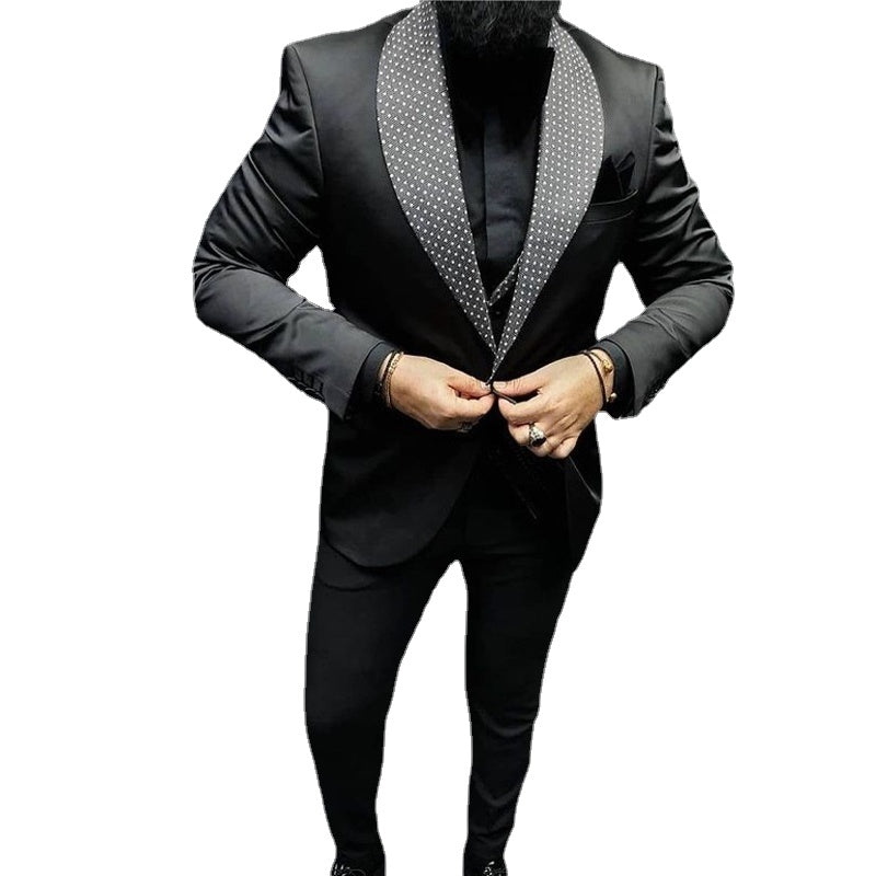 Check Dots Black Men Suits Shawl Lapel Formal Wedding Groom Tuxedos Italian Style Slim Fit Prom Blazer 3 Pcs (Jacket+Pant+Vest)