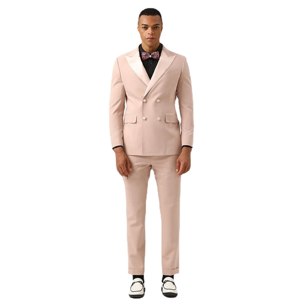 Costume rose pour homme, coupe slim, revers en pointe, croisé, smoking 2 pièces pour mariage, blazer et pantalon 