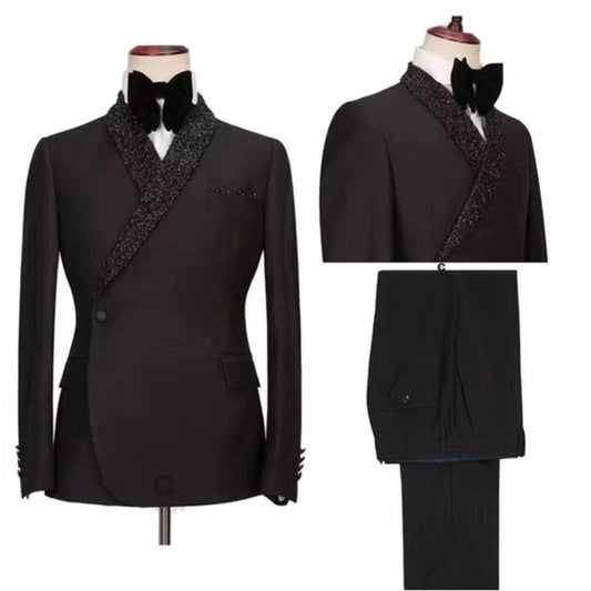 2 Piece Formal Men Suits with Shiny Black Shawl Lapel Double Breasted Wedding Groom Tuxedo Slim Fit Prom Blazer (Jacket + Pants)