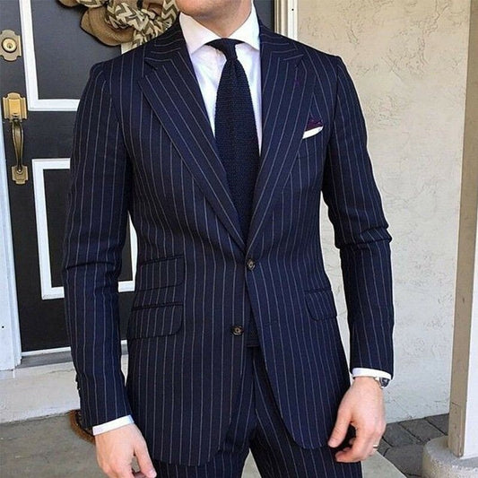 2 Piece Pinstripe Men's Suit Slim Fit Formal Tuxedo Notched Lapel Navy Blue Striped