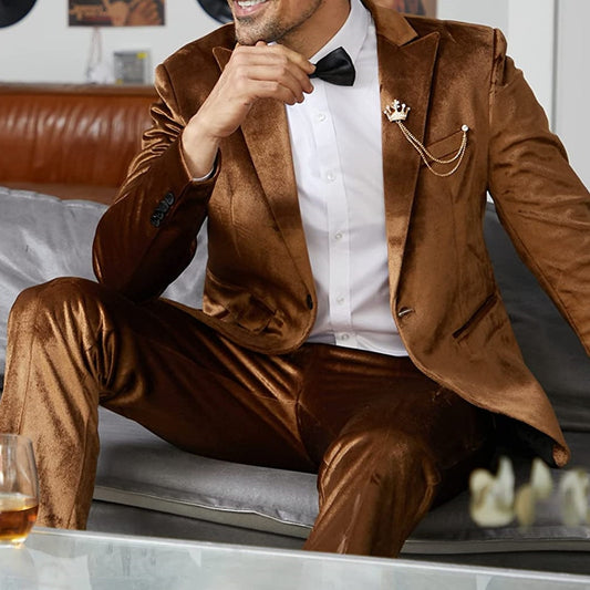 2 Piece Velvet Men's Suit One Button Single Breasted Tuxedo Slim Fit Luxurious Groomsmen For Wedding （Blazer +Pants ）