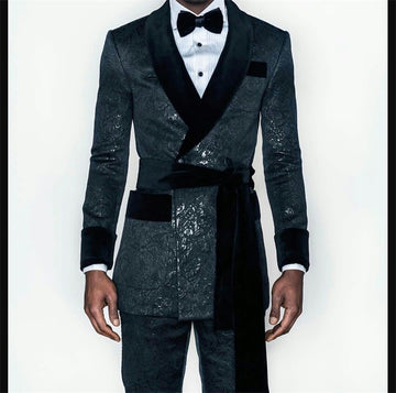 2 Pieces Black Men Suit With Belt Velvet Lapel Jacquard Wedding Groom Tuxedos Dinner Party Suit(Jacket+Pants) Custom Made