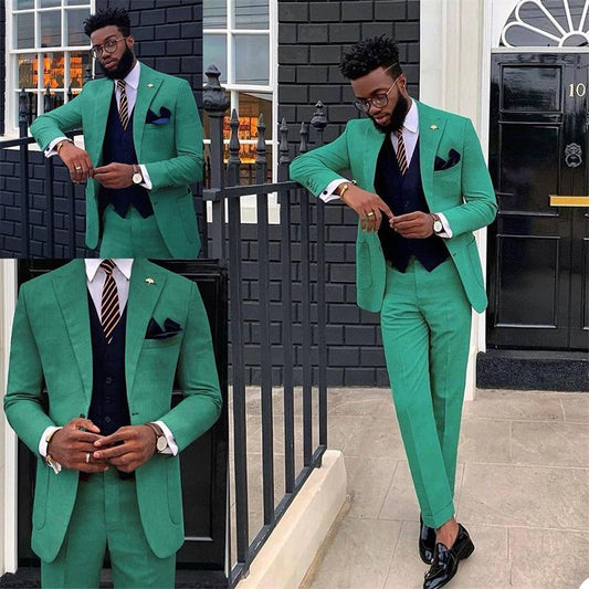 Costume 3 pièces vert pour homme, smoking de marié en coton, revers, veste formelle moderne + pantalon, costume de fête sur mesure