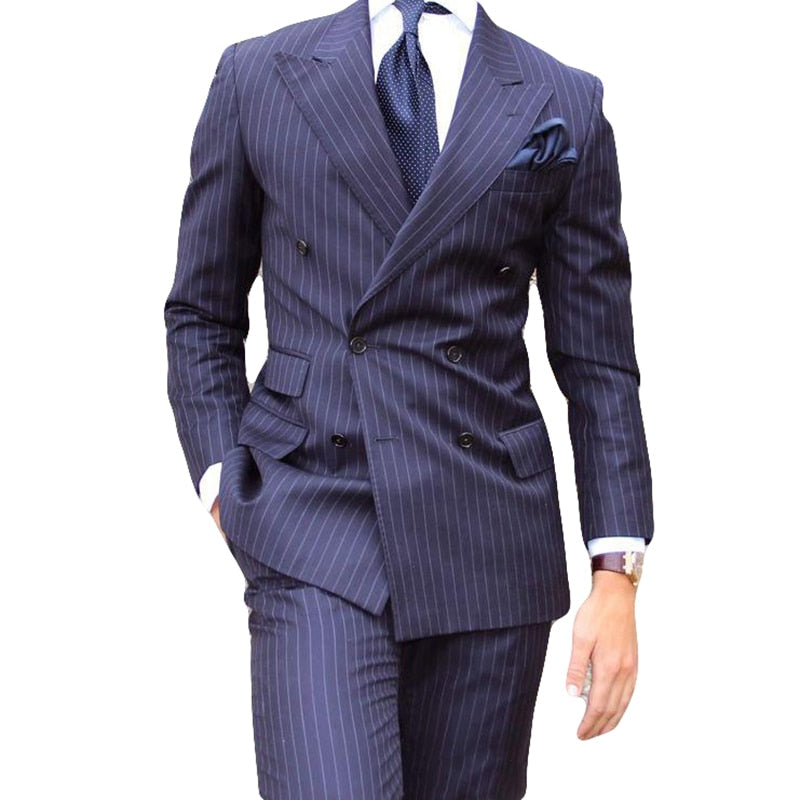 2 Pieces Men's Suits Formal Business Stripe Tuxedos Peaked Lapel Double Breasted Slim Fit Groomsmen Wedding Dress (Jacket+Pants)