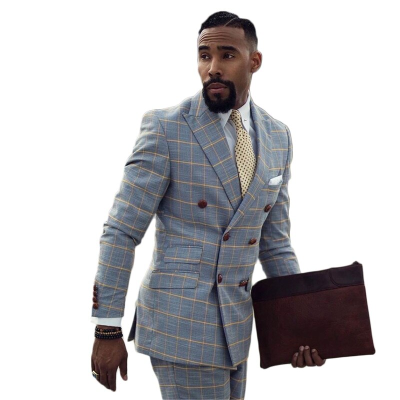 2 Pieces Modern Plaid Men Suits Light Blue Custom Made Cotton Men Suits  Double Breasted Formal Business Coat+Pant