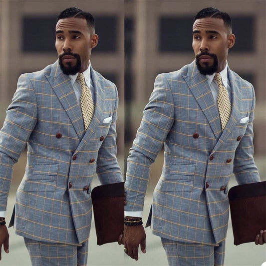 2 Pieces Modern Plaid Men Suits Light Blue Custom Made Cotton Men Suits  Double Breasted Formal Business Coat+Pant