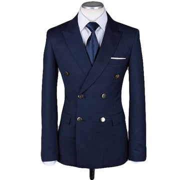 2 Pieces Peak Lapel Dark Blue Double Breast Business Groom Tuxedos Tailor Made Men Suit Wedding Best Man Blazer(Jacket+Pant Tie