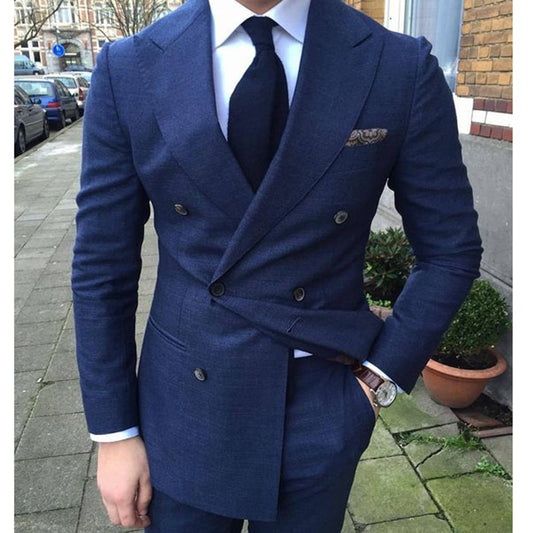 2 Pieces Peak Lapel Dark Blue Double Breast Business Groom Tuxedos Tailor Made Men Suit Wedding Best Man Blazer(Jacket+Pant Tie