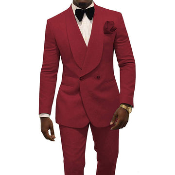 2 Pieces Shawl Lapel Groom Wear Men Suits Burgundy Groomsmen Slim Fit Formal Business Suits Men (Jacket+Pants+Tie)