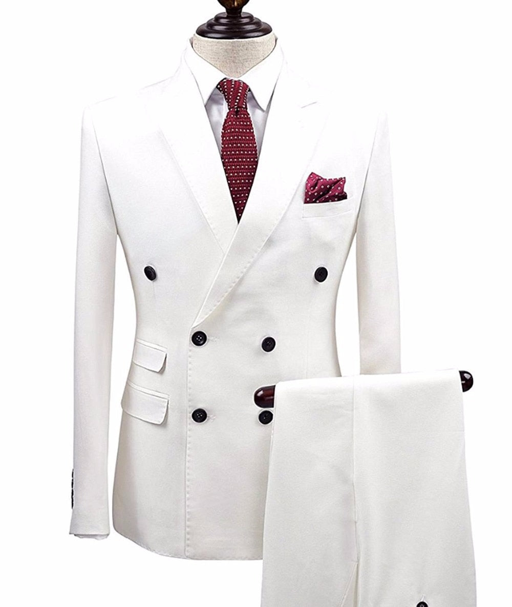 2 Pieces White Double Breasted Solid 2-Piece Slim Fit Men Suit Notch Lapel One Button Tuxedo Jacket Pants Set ( Blazer+Pant)
