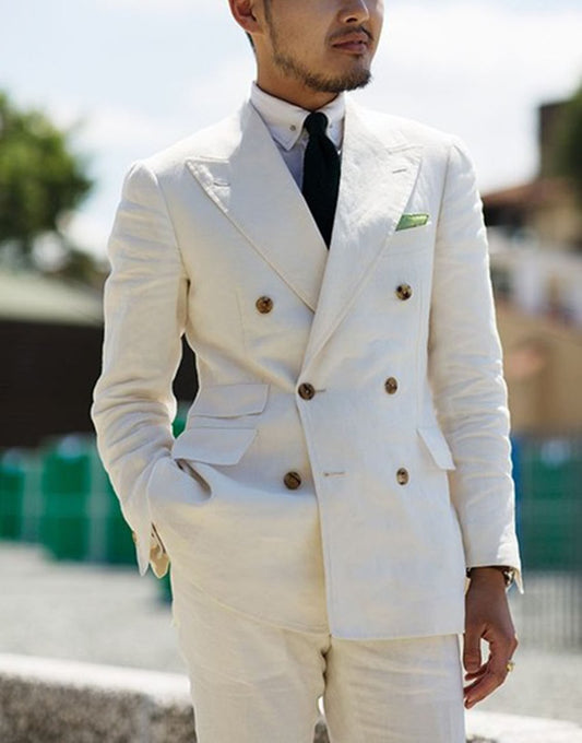 2 Pieces White Double Breasted Solid 2-Piece Slim Fit Men Suit Notch Lapel One Button Tuxedo Jacket Pants Set ( Blazer+Pant)