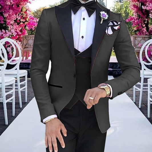 Men Suit 3 Piece V Neck Leisure Notched Lapel Double-breasted Tuxedos Men Suits for Wedding (Jacket+Pants+Vest)