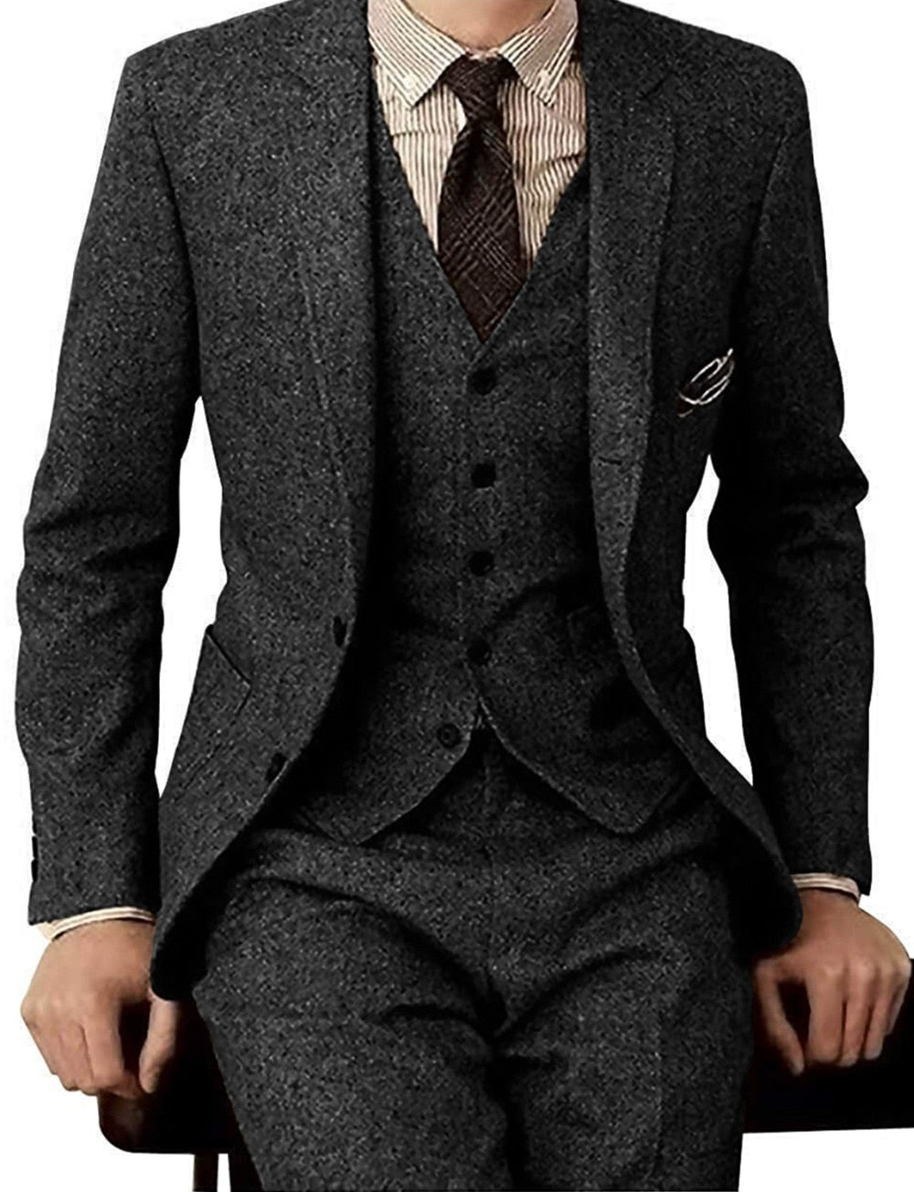 Formal Business Men Suits Tweed Herringbon Classic 3 Pies Groomsmen Grey Tuxedos for Wedding Blazer+Pants+Vest