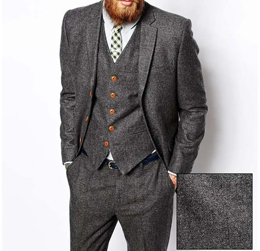 Formal Business Men Suits Tweed Herringbon Classic 3 Pies Groomsmen Grey Tuxedos for Wedding Blazer+Pants+Vest