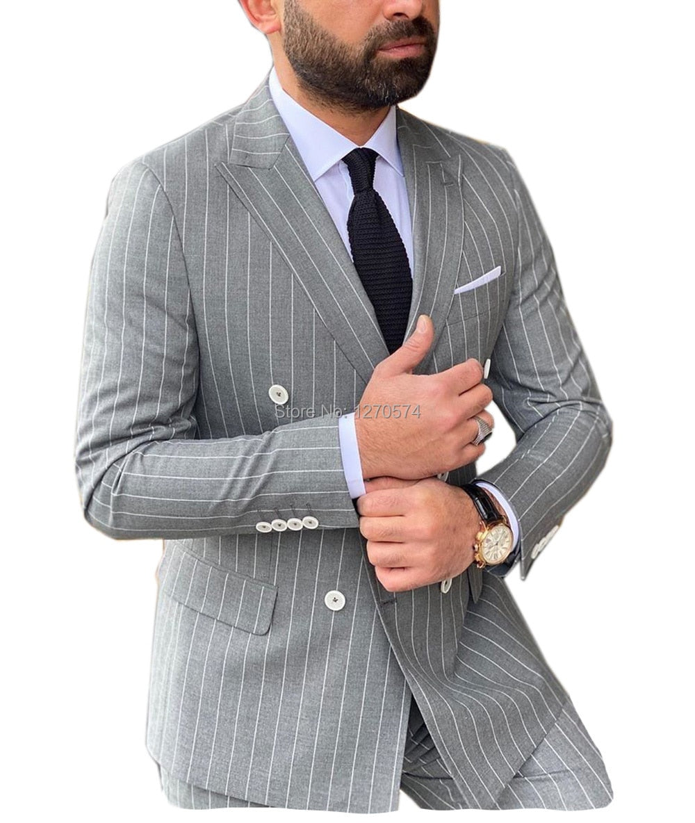 Silver Grey Men Striped Suits Notch Lapel 2 pieces Double Breasted Groom Tuxedos Prom Jacket For Wedding (Blazer+Pants)
