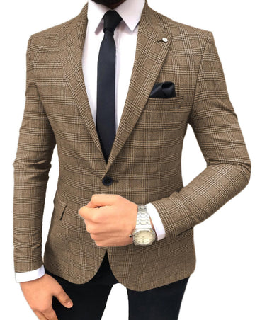 Brown Plaid Tweed suits men Slim fit One Button Groomsmen Wedding Tuxedos casual 2 Pieces Wool Suits (Blazer+Pants)