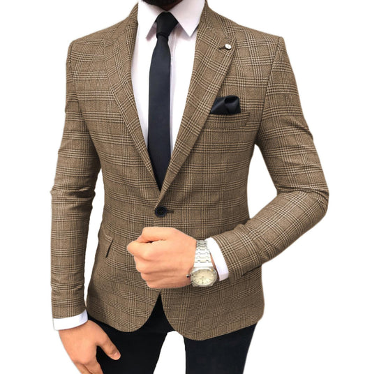 Brown Plaid Tweed suits men Slim fit One Button Groomsmen Wedding Tuxedos casual 2 Pieces Wool Suits (Blazer+Pants)