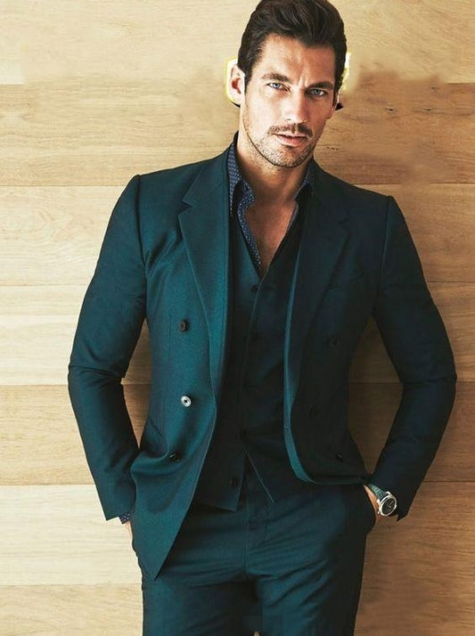Dark Green Double-Breasted Groomsmen Notch Lapel Groom Tuxedos Men Suits ( Jacket+Pants+Vest)