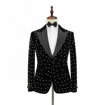 Men Suits Black Velvet Crystal Groom Tuxedos Slim Fit Formal Business Party For Wedding Suits Best Man Blazer