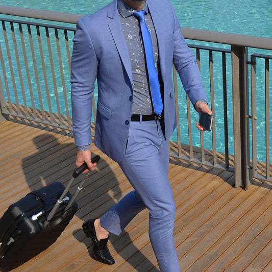 2 Pieces Notched Lapel Blue Men Suit Slim Fit Custom Made Business Groom Tuxedos Blazer Jacket  Pants Tie