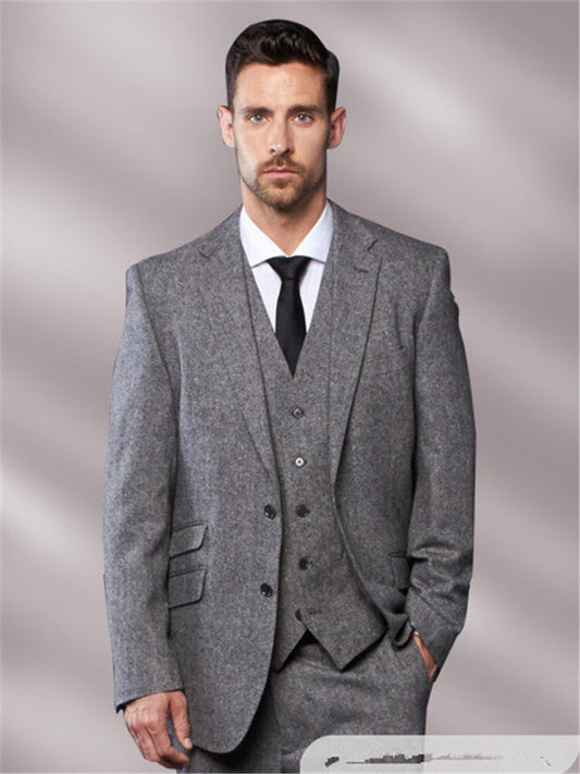 Grey Tweed Men Suit Slim Fit 3 Piece Costume Homme Tuxedo Groom Gentle Blazer Prom Suits